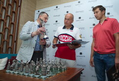 The exclusive presentation of the Marches on Bosporan chess set at the Intourist Baku hotel. Sergey Karyakin, Andrey Filatov and Igor Lobortas are on the photo.